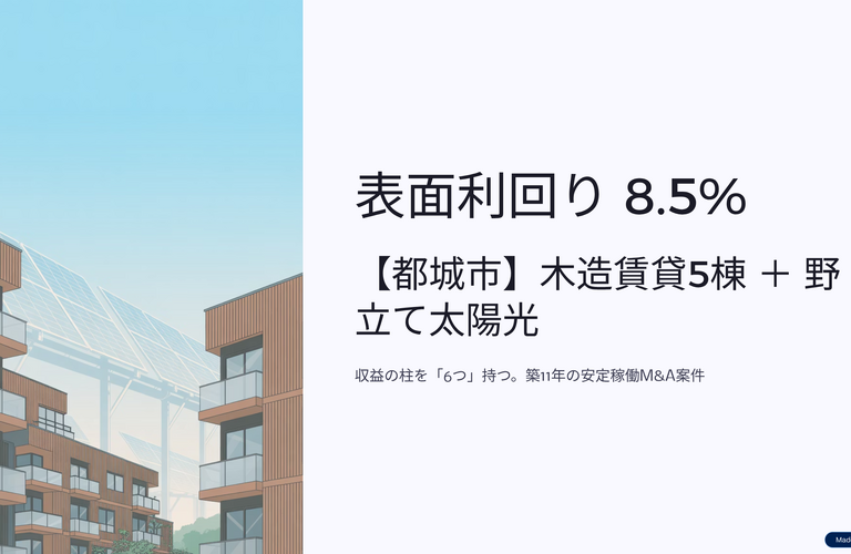 宮崎県都城市で木造賃貸５棟・野立て太陽光のM&A物件のご紹介です